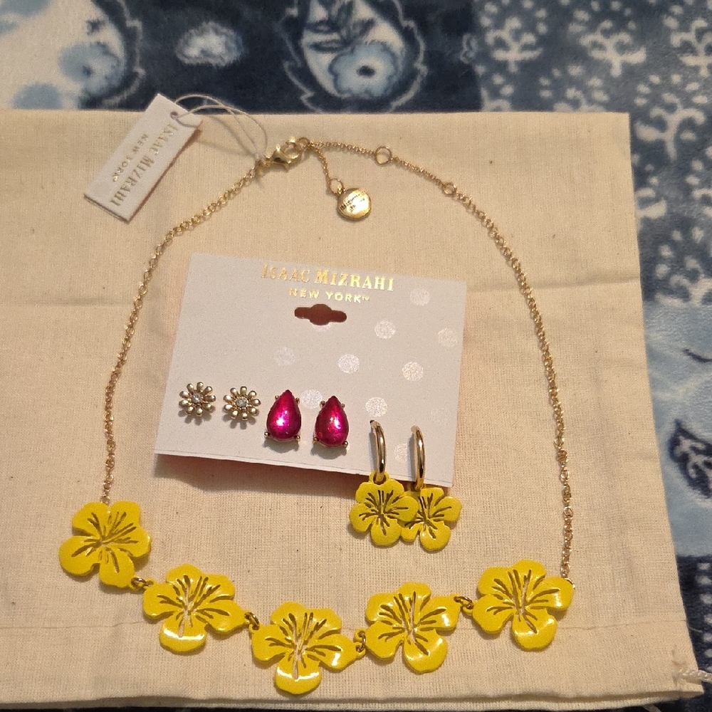 Isaac Mizrahi Yellow Floral Necklace with 3 pairs Earrings